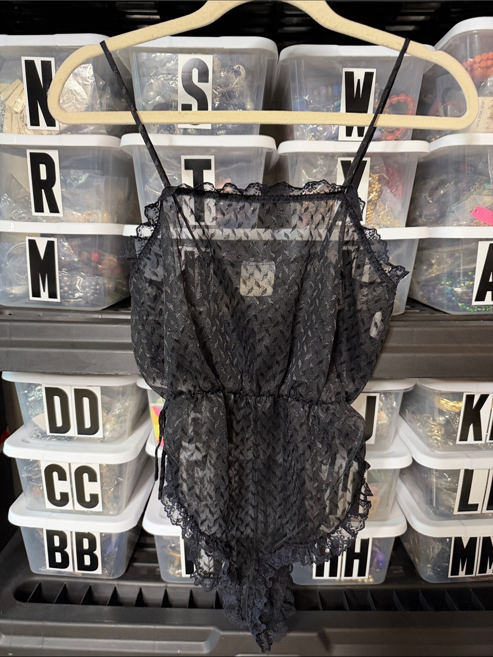 Starbest USA Vintage Sheer Black Lace Lingere Camisole Bodysuit Small